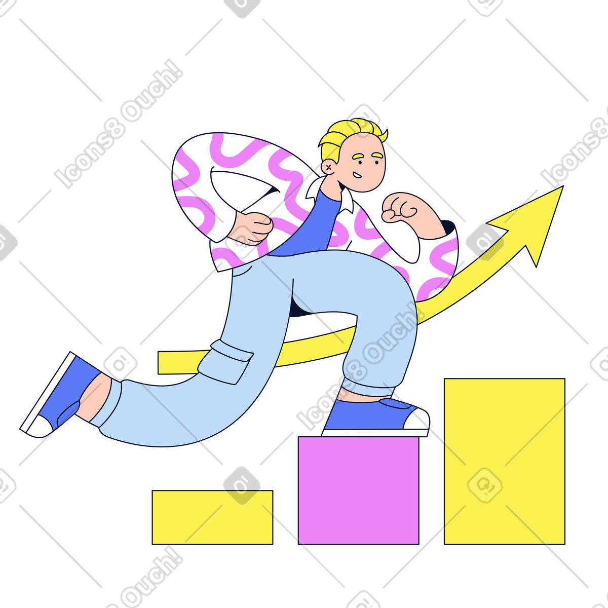 Ilustração de Young man running up increasing chart em no estilo Flexy para baixar em PNG, SVG