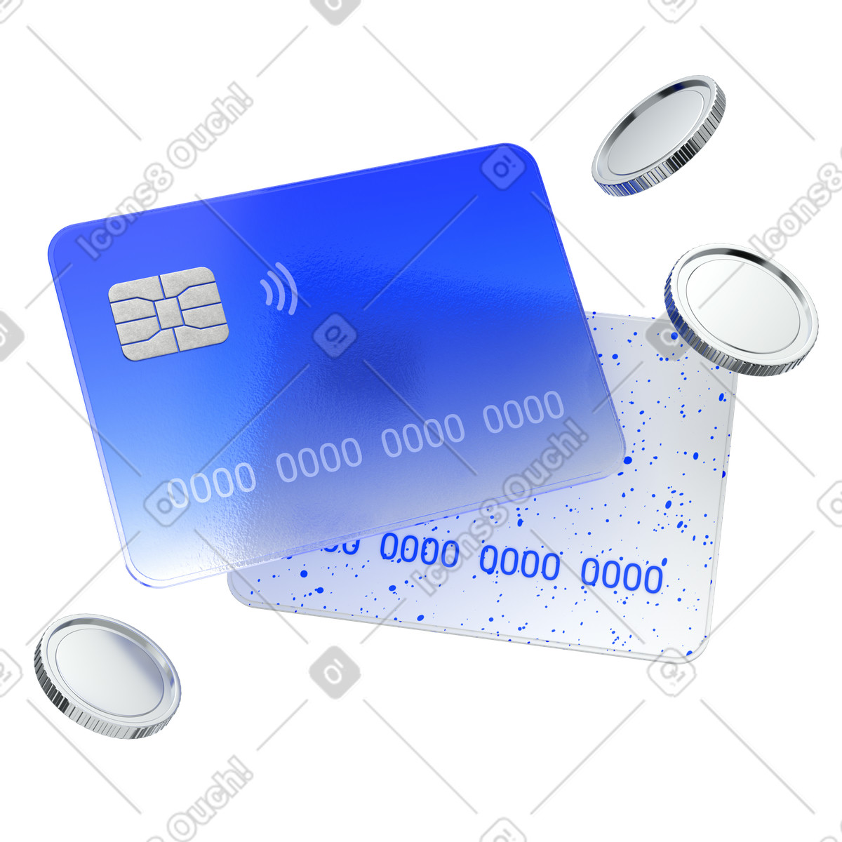 Bank cards, money transfer, virtual wallet, flying coins illustration in 3D Enterprise style download in PNG, SVG