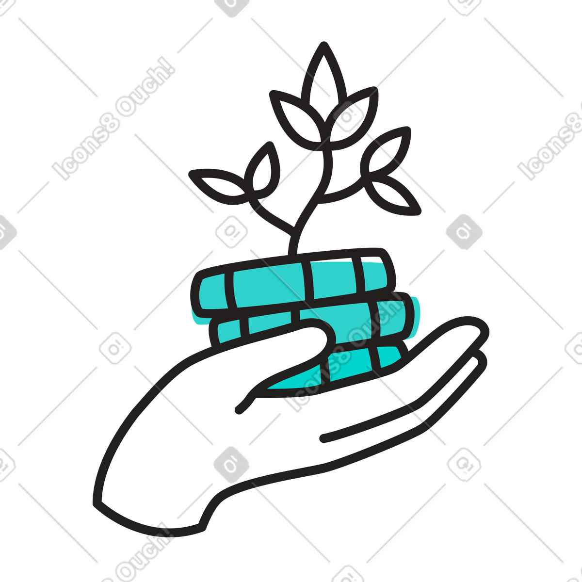 Illustration Main tenant une pile de pièces monnaie avec plante en croissance dans le style Little à télécharger aux formats PNG, SVG