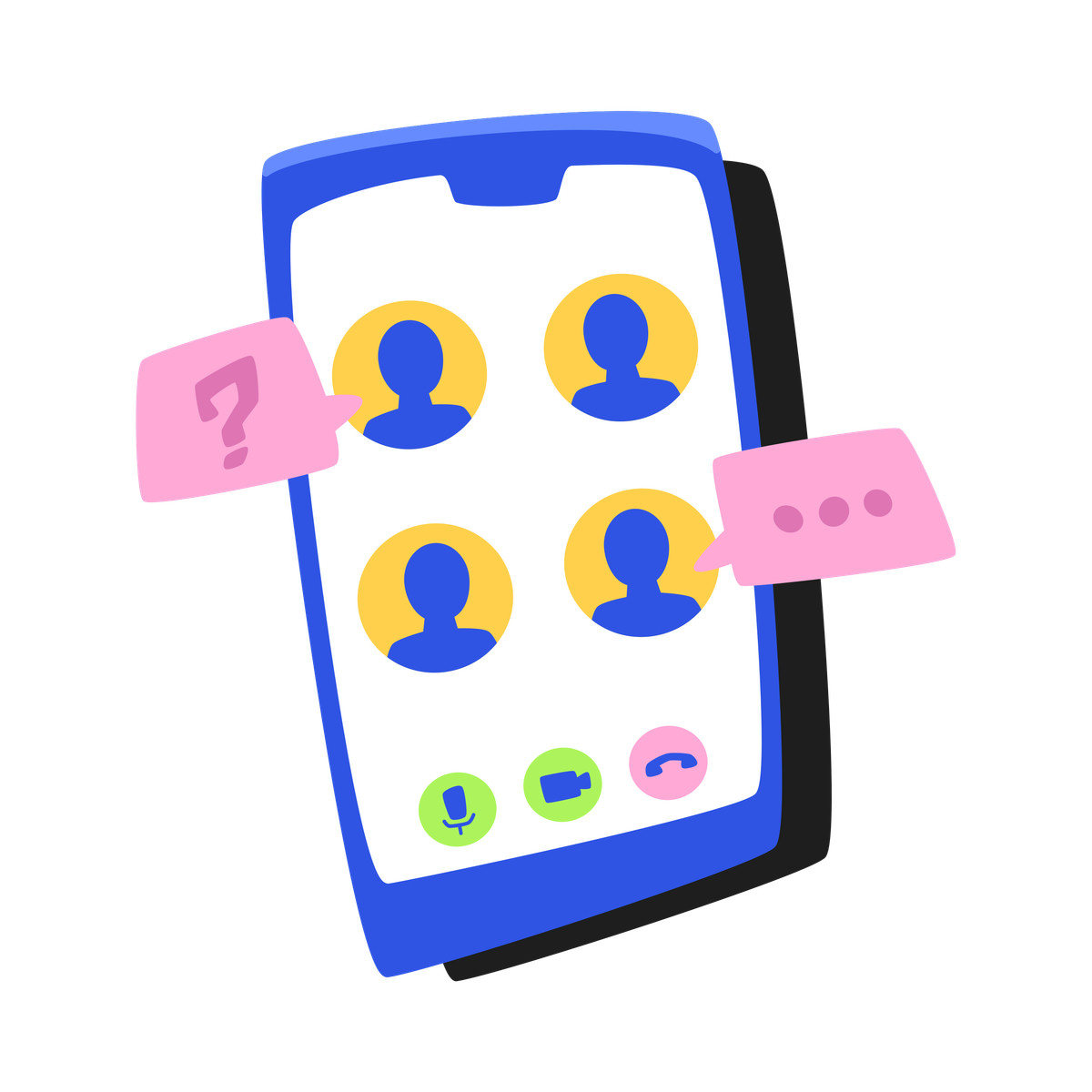 Blue smartphone's screen with online meeting illustration in Bouncy style download in PNG, SVG