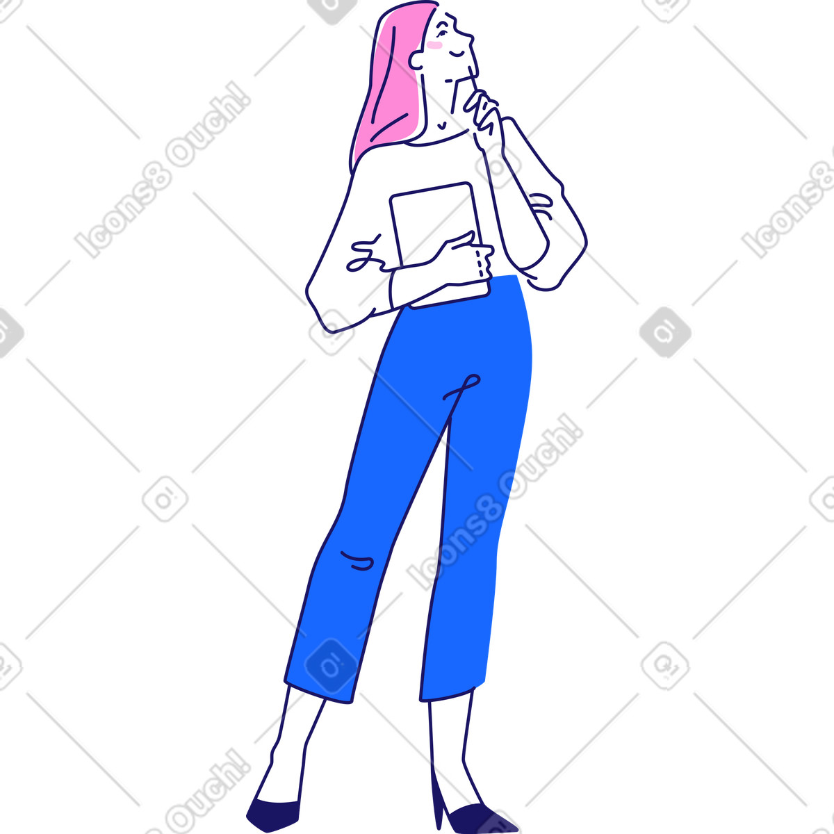Ilustración Chica pensante con tablet en estilo Matey a descargar en PNG y SVG