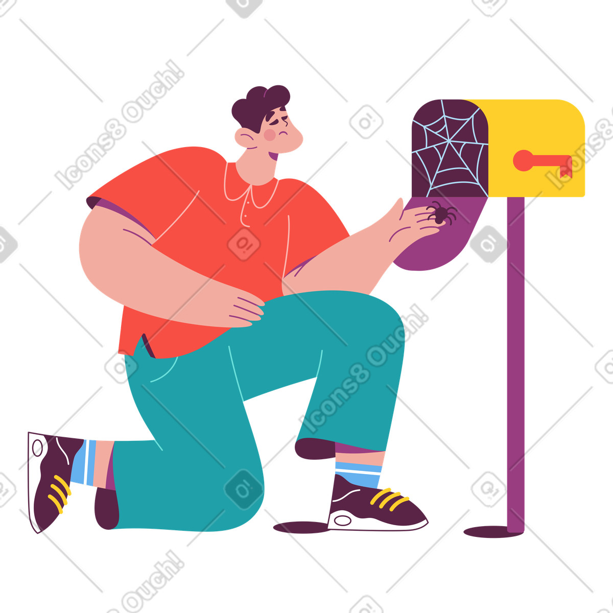 Person checking empty mailbox with cobwebs, lack of correspondence and mail inactivity illustration in Sammy style download in PNG, SVG