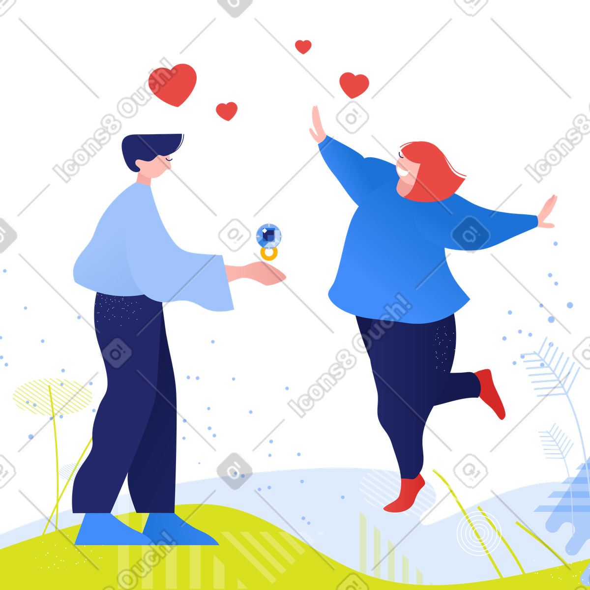 Illustration Un homme fait une demande en mariage à femme avec bague dans le style Clip télécharger aux formats PNG, SVG