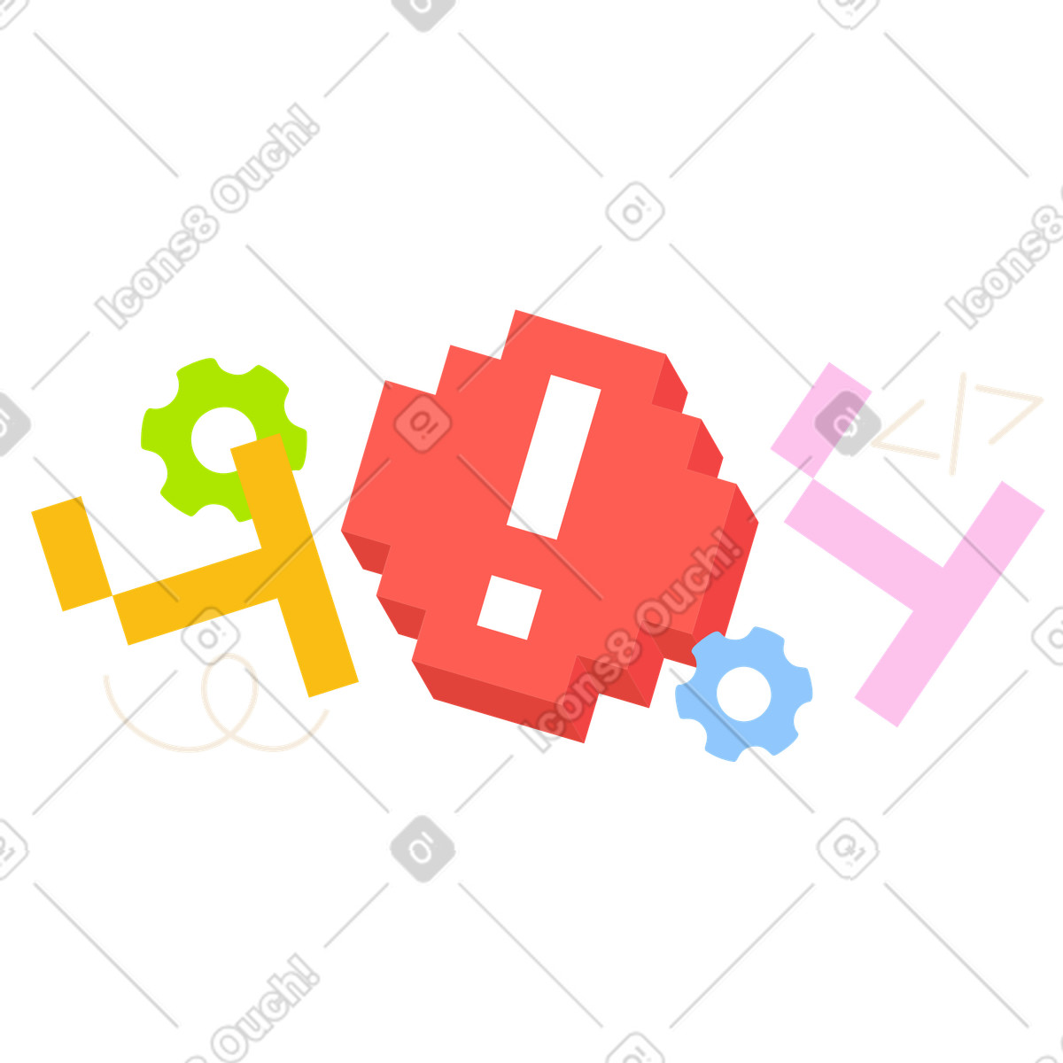 Pixel 404 error with gears and warning sign, notification or unavailable page illustration in 8bit style download in PNG, SVG