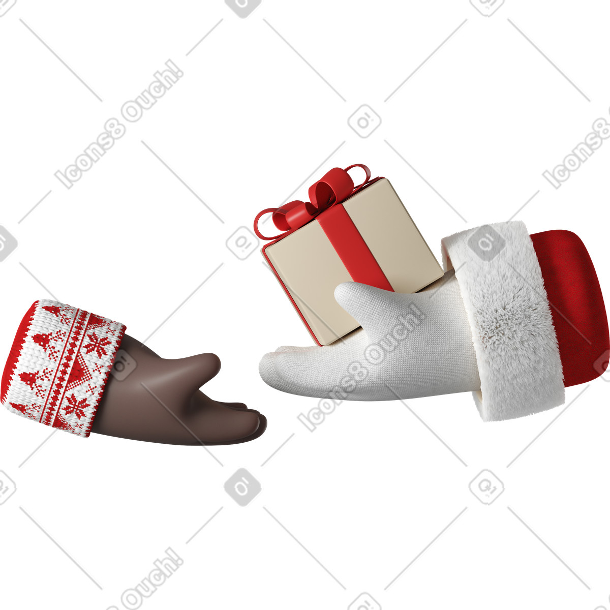 3D Hands Fun&Wild スタイルの Santa Claus giving a gift box to black skin hand のイラストをPNG、SVG形式でダウンロード