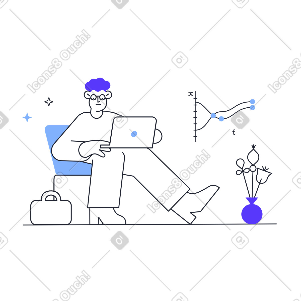Lavora su un computer illustrazione animata in stile Pablita scaricabile in GIF, Lottie (JSON), AE