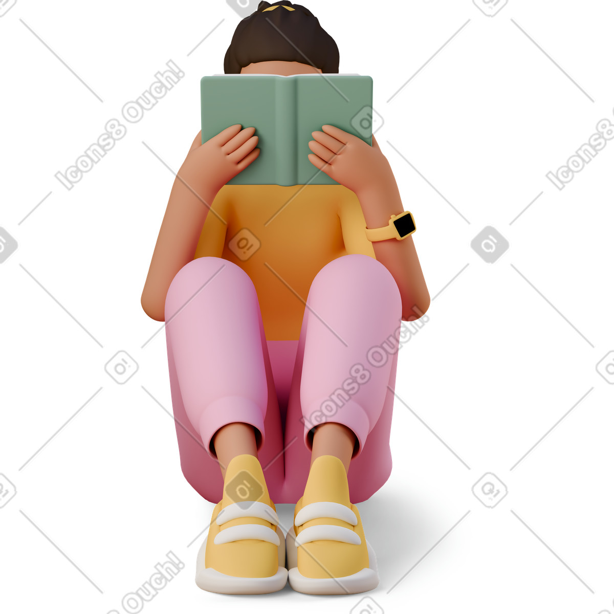 下载 3D Casual life 风格的 Young woman sitting and reading book 插画，支持 PNG、SVG 格式