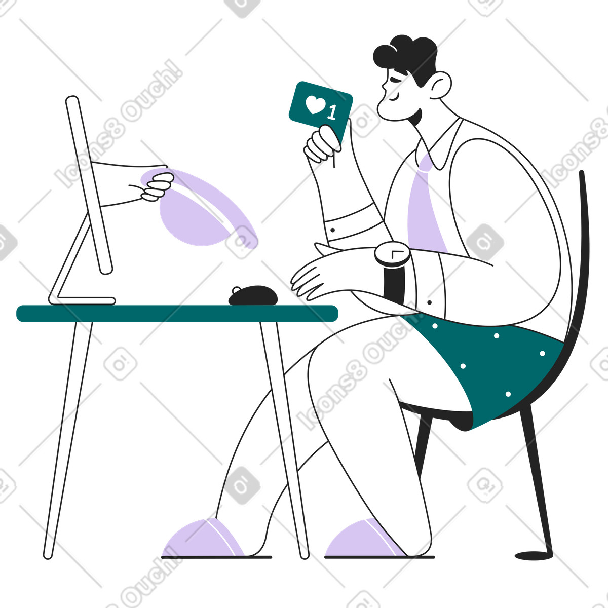 Иллюстрация Person giving likes through monitor, online engagement and social media в стиле Sammy Line — скачать в форматах PNG, SVG