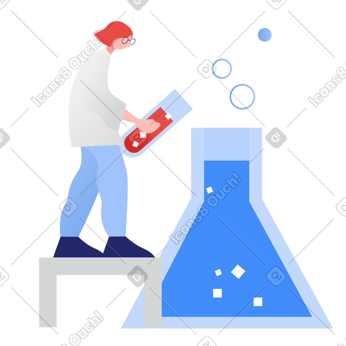 Ilustración Científica realizando un experimento con matraz en estilo Clip a descargar en PNG y SVG