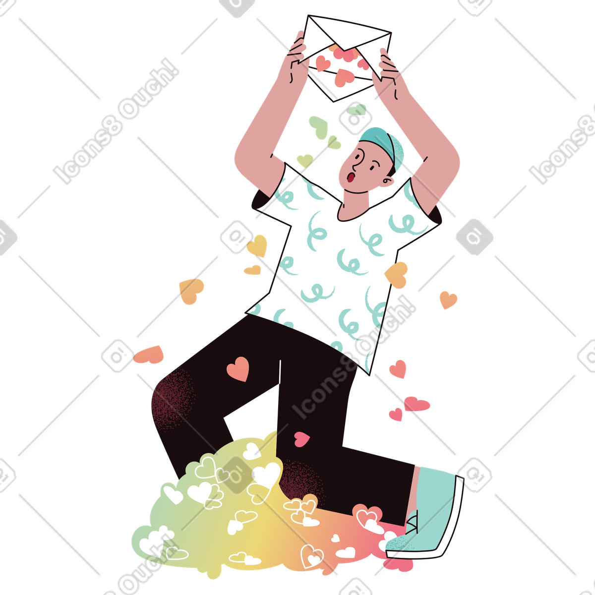 Holding envelope with falling hearts, Receiving love or appreciation illustrazione in stile Delight scarica in PNG, SVG