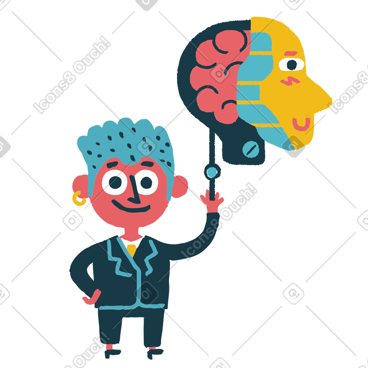 Ilustración Empresario intercambiando ideas sobre el modelo cerebral en estilo Flamenco a descargar en PNG y SVG