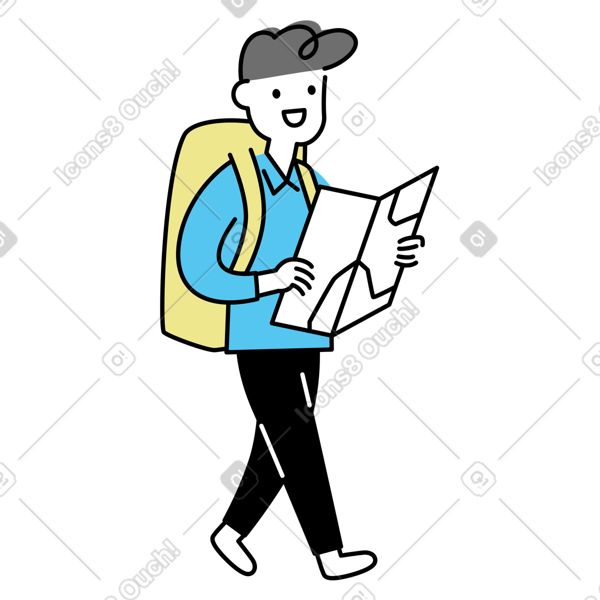 Иллюстрация Traveler walking with map and backpack, Wayfinding or exploration в стиле Mochi — скачать в форматах PNG, SVG