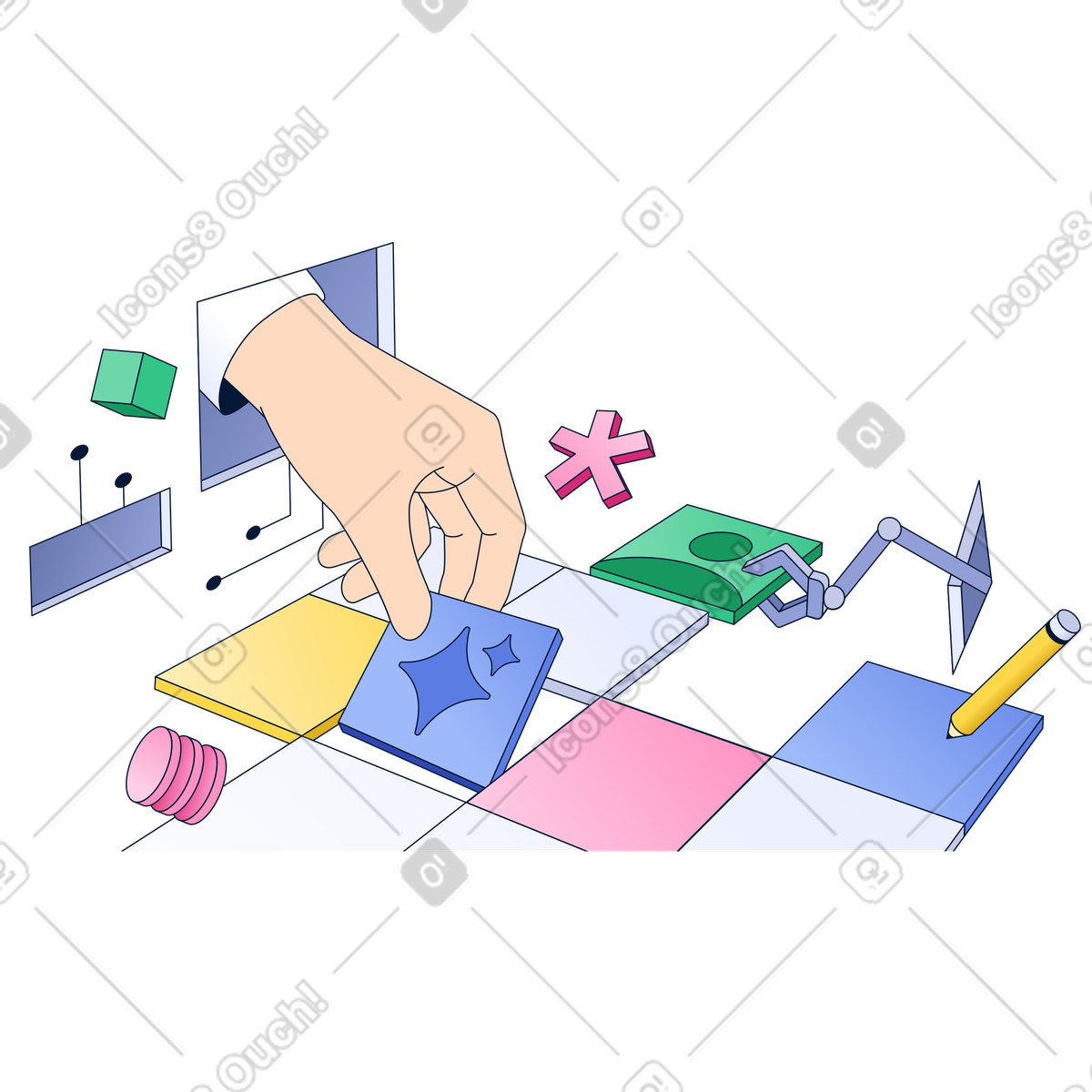 Product customization process with arranging colorful tiles in digital workspace illustration Neat style download PNG, SVG
