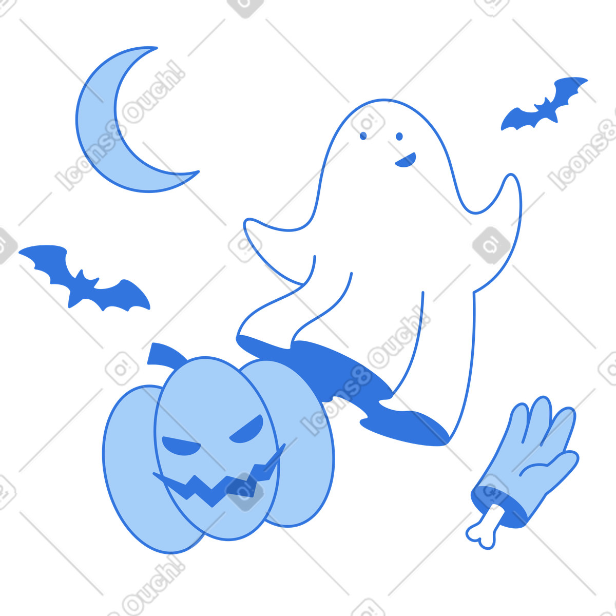 Ilustração animada de Mão fantasma, abóbora e zumbi em no estilo Sky para baixar em GIF, Lottie (JSON), AE