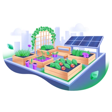 A rooftop garden filled with various vegetables, including tomatoes, peppers, and leafy greens, interspersed with colorful flowers like marigolds and petunias. Raised garden beds made of wood are neatly arranged, with a trellis supporting climbing plants. A small seating area features a wooden bench surrounded by potted herbs, such as basil and mint. In the background, the skyline of the city is visible, and there are hints of solar panels and rainwater collection systems integrated into the design, emphasizing urban sustainability.