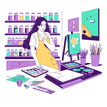 An artist with long, flowing hair is standing in a shop that is filled with various art supplies and tools for illustration. The artist is wearing a light yellow apron over a white shirt, with paintbrushes tucked into the pocket. The shop has shelves lined with vibrant jars of paint in different sizes and colors, alongside neatly organized tubes of colored pencils. A large table in the center is covered with sketchbooks, palettes, and an assortment of brushes. Brightly colored canvases hang on the walls, showcasing different artistic styles and techniques. The artist is gazing thoughtfully at a display of teal paint tubes, admiring the assortment available.