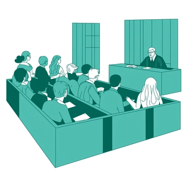 A teal jury box filled with a diverse group of jurors is attentively listening to a trial. The jurors represent a variety of ethnic backgrounds and age groups, all focused on the front of the courtroom. Each juror sits in a wooden seat, with some taking notes while others lean slightly forward, engaged in the proceedings. In the background, a white judge's bench is visible, with the judge presiding over the trial, wearing a black robe. A large, traditional courtroom with wooden paneling surrounds the scene, creating a formal atmosphere.