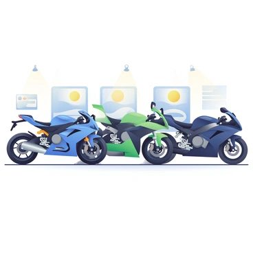 A lineup of various BMW motorcycle models is displayed in a well-lit showroom. The motorcycles are arranged side by side, showcasing their sleek designs and vibrant colors. The first motorcycle is a sporty model in glossy blue with aerodynamic features. Next to it, a rugged off-road model is painted in matte green, equipped with knobby tires and a sturdy frame. The third motorcycle is a classic touring model in deep black, featuring a comfortable seat and large storage compartments. Bright spotlights illuminate the motorcycles, highlighting their shiny chrome details. The showroom walls are adorned with promotional posters of BMW motorcycles, enhancing the overall ambiance of the display.