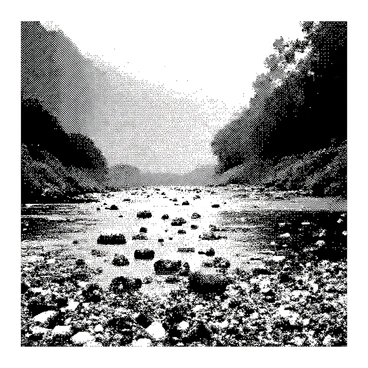 A river flows through a landscape, its surface cluttered with various types of debris. The water is murky and opaque, with numerous plastic bottles and pieces of trash bobbing along the current. In the foreground, the debris is scattered widely, showcasing a mix of colors and shapes. The riverbanks are lined with scattered bits of waste, demonstrating the impact of pollution on the natural environment. The sky above is overcast, adding a somber tone to the scene.