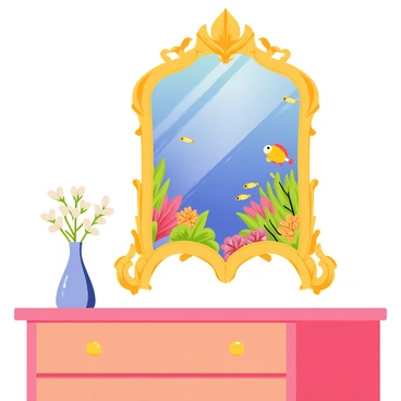 An ornate mirror with an intricate golden frame is positioned on a wooden dresser. The mirror reflects a vibrant underwater scene filled with colorful coral reefs and schools of tropical fish. The surrounding room has a muted color palette with soft, neutral tones, contrasting sharply with the bright blues and vivid colors of the underwater world in the mirror. A delicate vase with white flowers sits on the dresser beside the mirror, adding a touch of simplicity to the ornate setting.