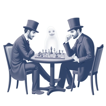 Two Victorian gentlemen are seated at a dark wooden chess table, deeply focused on their game. The gentlemen are dressed in formal attire typical of the Victorian era, complete with waistcoats and top hats. One gentleman leans forward, his brow furrowed in concentration as he examines the chessboard. The other gentleman sits back slightly, a thoughtful expression on his face as he contemplates his next move. Opposite them, across the table, is a ghostly figure, translucent and ethereal, with a faint presence that suggests an otherworldly nature. The chess pieces are intricately designed, showcasing elaborate carvings, and the atmosphere is thick with tension as the match unfolds.