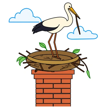 A white stork with long legs and a sharp beak is standing on a large, round nest made of twigs and branches positioned atop a brick chimney. The stork is holding a twig in its beak, gently placing it into the nest with great care. The nest is surrounded by a few green leaves, and the chimney is made of red bricks, showing some wear. The sky above is bright with a few fluffy clouds. The stork has a black patch on its wings and is looking intently at the nest as it works.