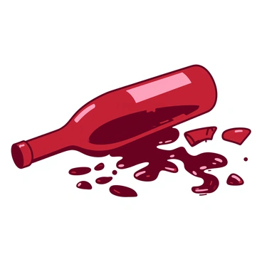 A red broken wine bottle lies on the ground, with shards of glass scattered around it. Dark red wine is spilled out from the bottle, creating an abstract pattern that spreads across the surface. The wine flows in various shapes, forming swirls and splatters that contrast with the ground beneath. The glass pieces reflect light, adding a glimmering effect to the scene.