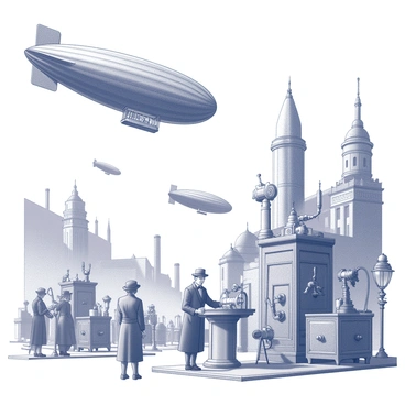 A bustling scene filled with intricate airships floating in the sky. The airships have large, balloon-like envelopes and feature complex mechanical components. Below, a street is filled with various mechanical inventions, including gears, levers, and steam-powered devices. People in vintage clothing interact with these inventions, showcasing the blend of technology and fashion typical of the steampunk aesthetic. In the background, large buildings with ornate details and smokestacks rise, contributing to the industrial atmosphere of the scene.