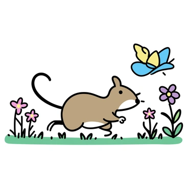 A small shrew, with brown fur and a pointed snout, is chasing a colorful butterfly. The butterfly has bright blue and yellow wings, fluttering just above the grassy ground. Surrounding them is a lush, green landscape filled with wildflowers in various shades of purple, pink, and yellow. The sunlight filters through the leaves of nearby trees, casting dappled shadows on the ground. The scene captures the shrew's focused expression as it moves swiftly among the vibrant flora.