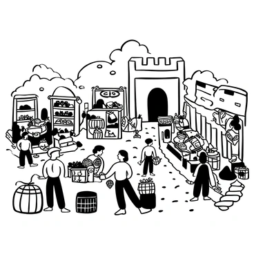 A medieval market street filled with numerous merchants selling various goods. Stalls made of wood are set up along the cobblestone path, displaying baskets of fresh produce and woven textiles. There are barrels and crates filled with spices and pottery artfully arranged. Vendors are engaged in lively bartering with customers, while others are setting up their wares. The scene is lively with people walking around, inspecting items, and carrying small bundles. In the background, a stone building with an arched doorway stands prominently.