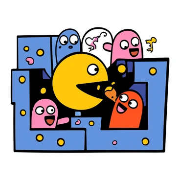 A colorful illustration of "Pac-Man," a yellow circular character with a wide mouth, is shown munching on a "power pellet." As he eats the pellet, the surrounding ghosts, each with different colors—blue, pink, red, and orange—are depicted with wide eyes and open mouths, transforming to a lighter shade as they turn to flee. The background features a classic maze-like structure with dark blue walls and scattered pellets, emphasizing the action taking place.