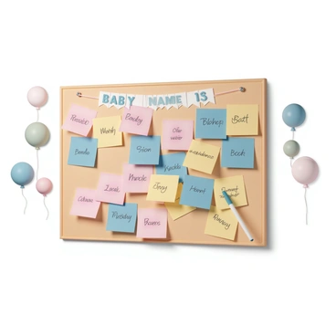 A wooden board is filled with an array of colorful post-it notes in shades of pink, blue, yellow, and green. Each note is neatly arranged and displays various baby name suggestions written in black ink. The board is mounted on a wall, and there are a few pens attached to it with strings for guests to add their suggestions. In the background, there are soft decorations, such as small pastel balloons and a banner that reads "Baby Names" in decorative letters.