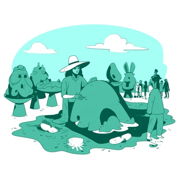 A teal artist is focused on shaping a large mud sculpture in the center of an outdoor art exhibit. The artist is wearing a wide-brimmed hat to shield from the sun and has mud smeared on their hands and clothes. Around the artist, there are several finished sculptures displayed on pedestals, showcasing various forms and textures. The ground is a mixture of mud and grass, and the sky above is clear with a few fluffy white clouds. A small group of onlookers is gathered nearby, observing the artist's process with interest.