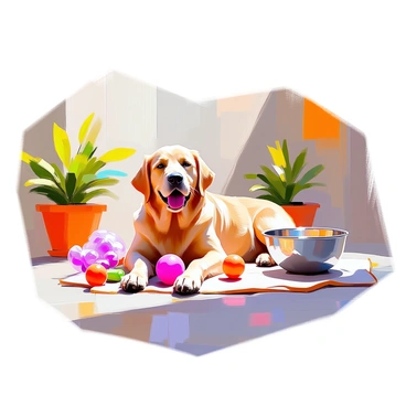 A medium-sized golden retriever dog lounging comfortably on a sunny patio. The dog has a shiny coat and is sprawled out with a relaxed expression, enjoying the warm sunlight. Around the dog, there are several colorful toys scattered on the patio floor, including a red rubber ball and a squeaky plush toy. A stainless steel water bowl sits nearby, reflecting the sunlight. The patio has a few potted plants with green leaves, adding to the lively atmosphere.