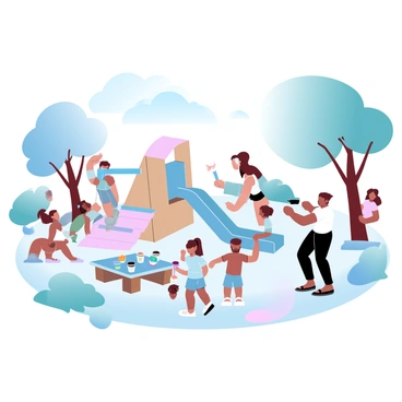 A group of diverse neighbors is gathered in a park, working together to build a playground. Some individuals are assembling colorful play structures while others are painting benches in bright hues. A few children are helping by holding tools and bringing materials, showcasing their excitement. Nearby, a picnic table is set with refreshments, inviting everyone to take breaks and enjoy the day. Trees surround the area, with sunlight filtering through their leaves, creating a warm and inviting atmosphere.