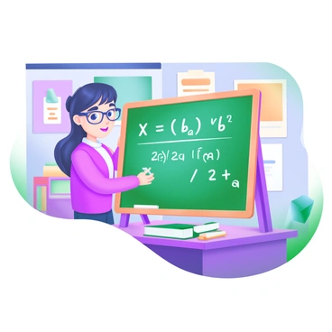 A student standing in a classroom holding a chalkboard. The chalkboard prominently displays the quadratic formula: "x = (-b ± √(b² - 4ac)) / 2a" written in white chalk. The student is wearing glasses and has a focused expression, with neatly combed hair. The classroom is decorated with colorful educational posters on the walls, and there are books and stationery on the desk nearby.