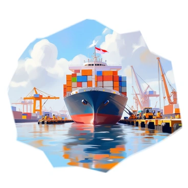 A large cargo ship is positioned at a bustling port, preparing to depart. The vessel is painted in a deep navy blue with a white hull, and it is loaded with colorful shipping containers stacked high. The port is alive with activity, featuring dock workers in safety vests moving around, forklifts transporting goods, and cranes lifting heavy containers. In the background, there are cranes and other ships lining the harbor, while the sky is clear with a few fluffy clouds. The ship's flag waves proudly at the stern as it begins to pull away from the dock, leaving gentle ripples in the water. The scene captures the essence of maritime trade and logistics under the "Free On Board" incoterm.