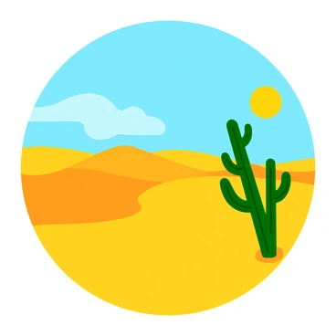 A sun-scorched desert landscape featuring golden sand dunes undulating under the heat. In the foreground, there is a tall, green cactus with a few spines and rounded branches. The blazing sun shines brightly in the sky, casting sharp shadows on the dunes and illuminating the cactus. The vast expanse of the desert stretches out in all directions, with a clear blue sky above.