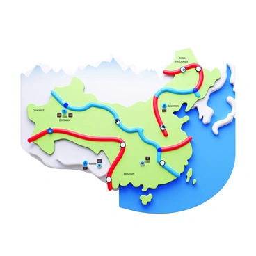A colorful map featuring various distribution routes across a country. The map includes distinct lines in different colors representing each route. The paths are marked with arrows indicating directions, and key locations such as cities and towns are labeled. Symbols or icons representing transportation methods are scattered along the routes. The background of the map highlights geographical features like rivers and mountains, enhancing the overall layout.