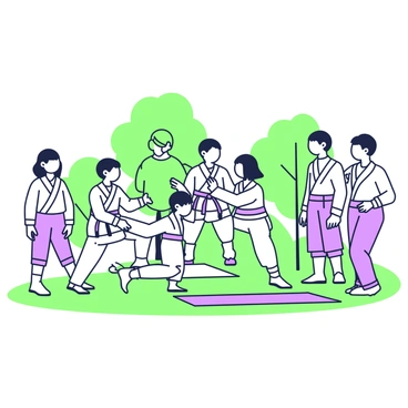 A group of children is practicing taekwondo in an outdoor training area. They are wearing traditional white uniforms, showcasing their colorful belts. Sunlight is illuminating the scene, casting distinct shadows on the ground. In the background, there are green trees providing a natural border, and a few training mats are laid out on the grass. The children are engaged in various poses, some are practicing kicks while others are sparring with each other. A coach stands nearby, observing the practice and providing guidance, while a couple of parents watch from the sidelines.