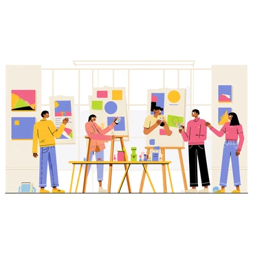 An artist's studio with colorful illustrations hanging on white walls. The studio has wooden flooring and a large window letting in natural light. Several potential buyers are examining the artwork, one person is standing in front of a vibrant painting while another is discussing with the artist. Various art supplies, including paintbrushes and palettes, are scattered on a large table in the center of the room.