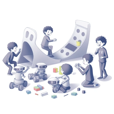 A group of children engaging in play with several friendly robots in a futuristic playground setting. The playground features innovative structures, such as climbing walls shaped like geometric patterns and slides that twist and turn. The robots, designed with rounded edges and cheerful faces, have articulated limbs, allowing them to interact with the children. Some children are laughing as they race their robots, while others are working together to build a new robot using colorful blocks and tools scattered around. The scene captures a vibrant atmosphere of friendship and creativity, with various futuristic elements enhancing the playful interaction.