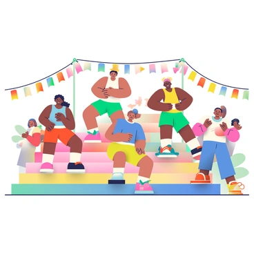 A diverse group of people is performing step-ups on a set of colorful festival steps. The individuals are of various ages and ethnicities, showcasing a mix of athletic wear in bright colors. Surrounding the steps are vibrant decorations, including hanging multicolored banners and string lights that create a festive atmosphere. The steps themselves are adorned with floral arrangements and ribbons in shades of pink, orange, and yellow. In the background, there are spectators cheering and clapping, contributing to the lively energy of the scene.