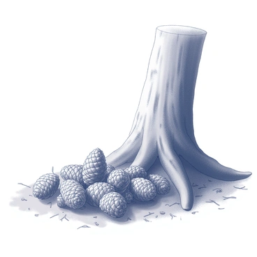 A small pile of pinecones is resting on the ground. The pinecones vary in size and shape, showcasing their natural texture. Next to the pile, there is a thick tree trunk, rough and textured, with noticeable bark patterns. The trunk stands upright, with its roots partially visible, gripping the earth. Surrounding the area is a forest floor that may contain scattered leaves and small twigs, enhancing the natural setting.