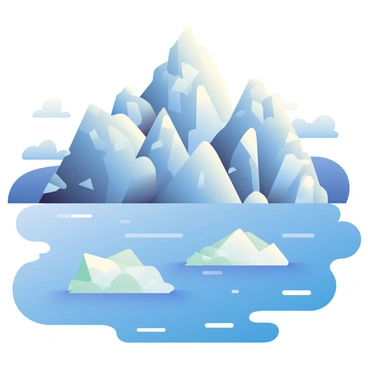 A majestic arctic glacier stands tall, its surface glistening in various shades of blue and white. The glacier features deep crevasses and jagged edges, showcasing its immense size and icy texture. Floating in the clear blue water are several large icebergs, with intricate shapes and a radiant white color. Sunlight reflects off the water's surface, creating shimmering patterns. In the background, the horizon is visible, where the sky meets the icy landscape.