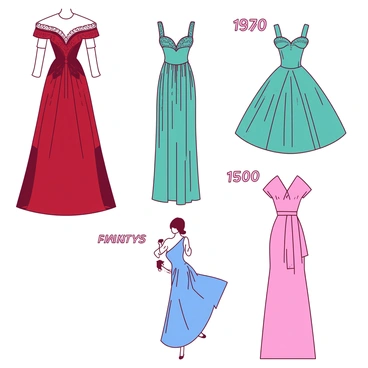 A collection of duotone illustrations depicting notable fashion styles from different eras. The first illustration showcases a red gown from the Victorian era, featuring intricate lace details and a high collar. The second illustration presents a teal flapper dress from the 1920s, adorned with fringe and beadwork, capturing the spirit of the Roaring Twenties. The third illustration features a blue silhouette of a 1950s swing dress, complete with a full skirt and cinched waist. Lastly, a pink representation of a modern minimalist outfit is displayed, characterized by clean lines and a contemporary design. Each illustration is labeled with the respective era in bold, clear text.
