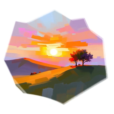 A breathtaking sunset is casting vibrant orange hues across an expanse of rolling hills. The sky is ablaze with shades of orange, pink, and purple as the sun dips towards the horizon. The hills are gently undulating, blanketed with lush green grass, and their curves create a rhythm in the landscape. A few scattered trees dot the hills, their silhouettes stark against the colorful sky. The scene captures the serene beauty of nature as daylight fades into evening.