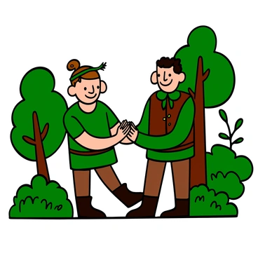 Robin Hood, a man with light skin and curly brown hair, wearing a green tunic and brown trousers, is standing with a confident posture. Little John, a tall man with light skin and short dark hair, wearing a brown leather vest and green shirt, is smiling broadly. They are shaking hands in a clear display of friendship. The scene is set in a lush green forest, with trees and foliage surrounding them, creating a vibrant atmosphere. Both characters have expressions of camaraderie and warmth, highlighting their bond.