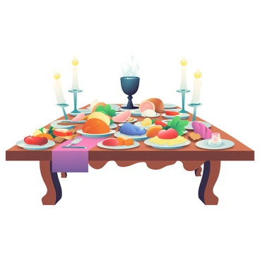 A long, ornate wooden dining table is set for a lavish feast. The table is covered with an array of rich, vibrant dishes, including roasted meats, colorful fruits, and elegant pastries. At the center of the table, there is a single goblet made of dark metal, which is emitting a faint, sinister glow that bathes the surroundings in an eerie light. Surrounding the goblet, fine china plates are placed, along with intricate silverware. Flickering candlelight from tall candlesticks casts soft shadows over the table, enhancing the atmosphere of indulgence and mystery.
