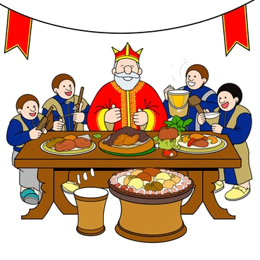 An elderly royal figure with a jovial expression, dressed in a rich red robe adorned with golden embroidery, is seated at a lavish wooden table. He has a round face with a white beard and a crown slightly askew on his head. Surrounding him are several cheerful merrymen, each playing a different musical instrument like a lute, a flute, and a drum. The table is filled with an abundance of colorful dishes, including roasted meats, fruits, and large goblets overflowing with drinks. Banners hang in the background, adding to the festive atmosphere. The merrymen appear animated and upbeat, creating a lively scene of celebration.